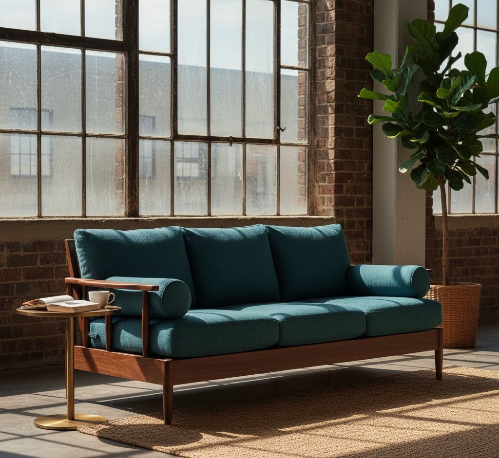 Restored vintage sofa with modern fabric