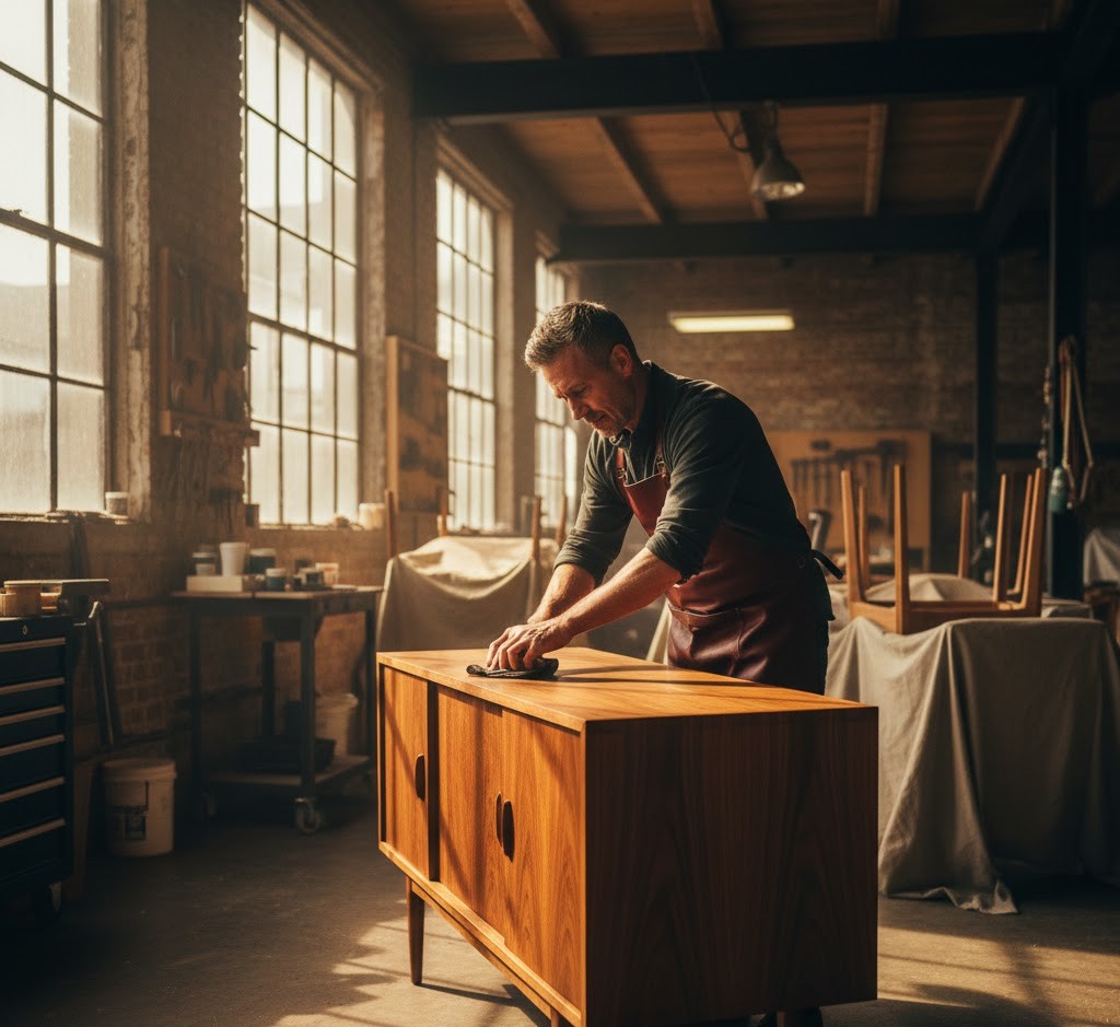 Master craftsman hand-polishing restored Mid-Century Modern sideboard
